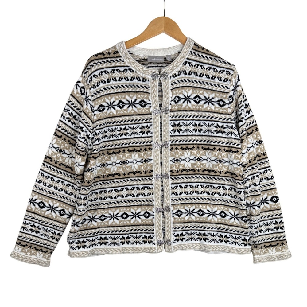 Croft & Barrow Fair Isle Nordic Knit Hardware Clasps Sweater size XL Tan/Black